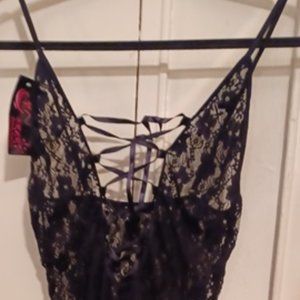 Sexy Black Lacy Cami Top Satin Criss Cross Front Lingerie New W/ Tags Size Med.